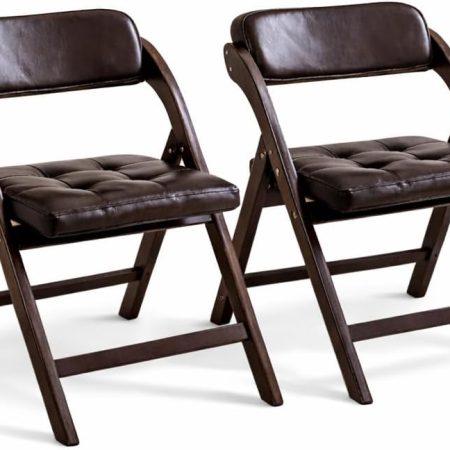 Set of 2 Wooden Folding Dining Chairs Padded Seat Walnut Brown