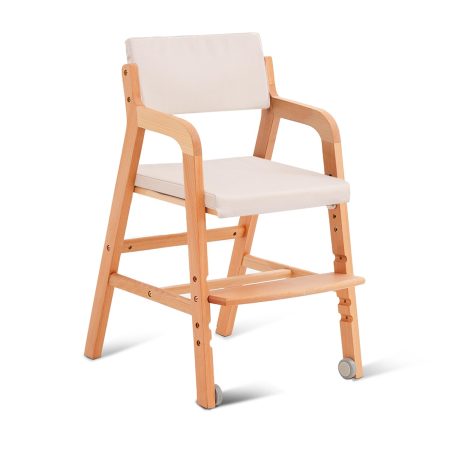 Wooden High Chair with 2 Wheels, Adjustable Seat - Backrest - Footrest Heights, Wooden High Chair for Toddlers - Kids and Baby, Kids Dining Chair with Removable Cushion(Beige)