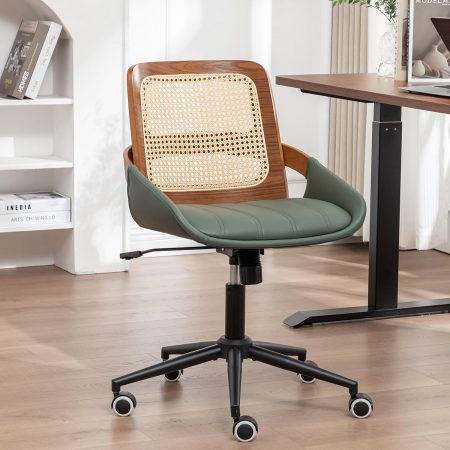 Mid Century Modern Rattan Office Chair, Walnut Finish Desk Chair