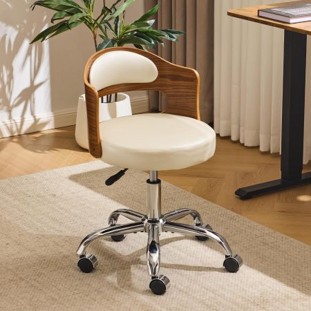 Armless Home Office Desk Chair, Adjustable Swivel Chair,Dual-Use with/no Wheels,Small Retro Designed Walnut Curved Task Chair,Cushioned Nail Tech Chair for Study Area,Workspace,PU,Ivory White