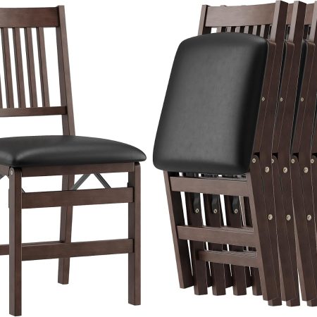 Wooden Folding Dining Chairs Set of 6 with Leather Cushion, Pre‑Assembled