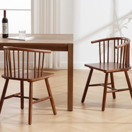 Walnut Wooden Dining Chairs Set of 2 Farmhouse Spindle Dining Room Chairs with Arms/Wide Curved Back Modern Kitchen Windsor Chairs Side Chair for Living Room, Brown