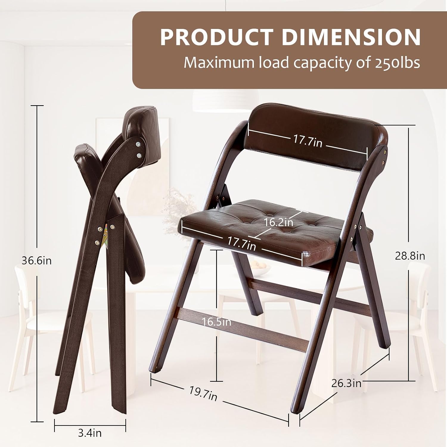 Wood Folding Chairs Set of 2, Upholstered Foldable Dining Chairs - Image 2