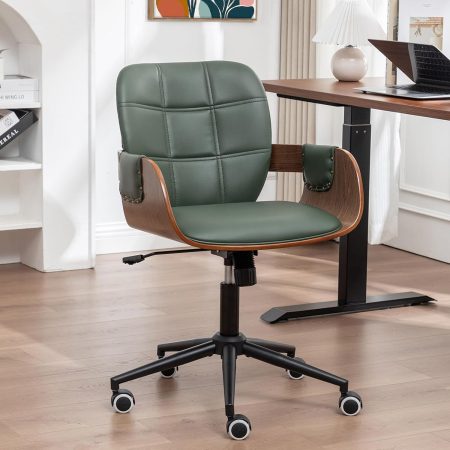 Mid Century Modern Desk Chair, Faux Leather Office Chair with Walnut Finish