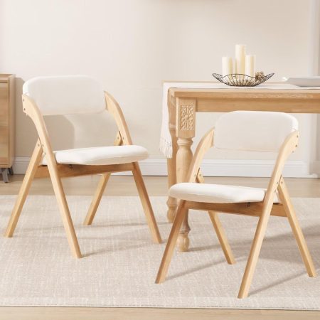 2-Pack Folding Chairs with Cushion, Portable Raw Wooden Foldable Chair Linen Fabric Padded Seat for Kitchen Office Wedding Party Dining Rooms Indoor Outdoor Beige