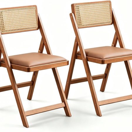 Solid Wood Folding Chair with Coffee Cushion, Set of 2, Walnut