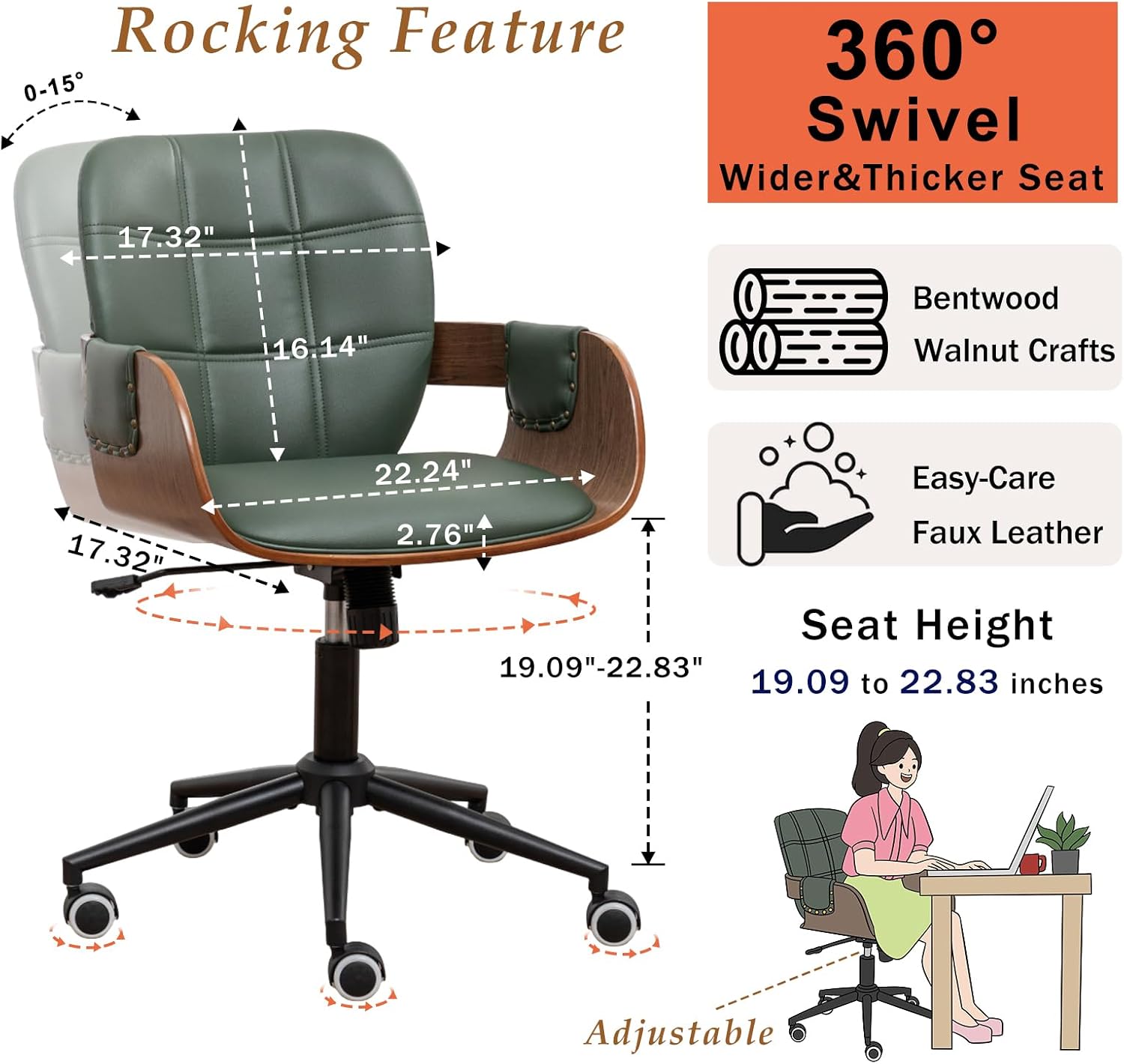 Mid Century Modern Desk Chair, Faux Leather Office Chair with Walnut Finish - Image 2