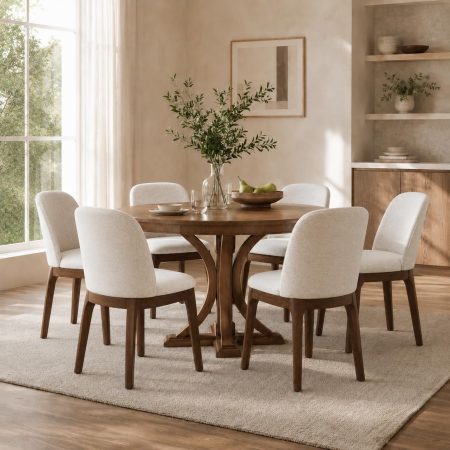 Wooden Dining Chairs Set of 6, Upholstered Kitchen & Dining Room Chairs with Thickened Wooden Legs, Farmhouse Side Chairs, Beige