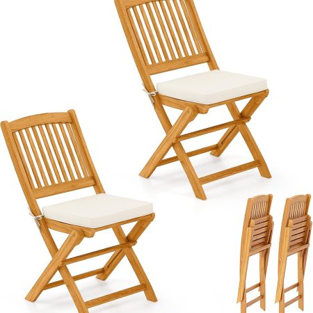 2 Pieces Folding Outdoor Dining Chairs, Acacia Wood Patio Chairs with Soft Cushions, Slatted Backrests and Seats, Outdoor Chairs for Porch, Balcony, Deck and Yard (One-Size,Beige,2)