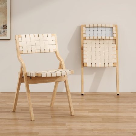 Wood Folding Chairs Set of 2, Foldable Chairs Wooden Indoor Stackable Dining Chairs for Kitchen & Dining Room Chair Woven Seat & Webbing Back