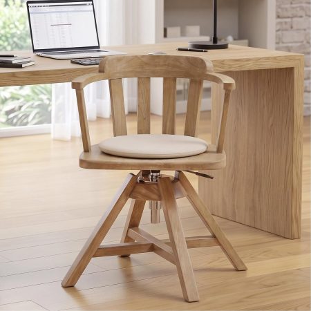 Solid Wood Home Office Desk Chair with Arms, Vintage Office Chair with Adjustable Height & Slatted Back, Heavy Duty Swivel Desk Chair No Wheels, Antique Brown Finish+White Linen Cushion