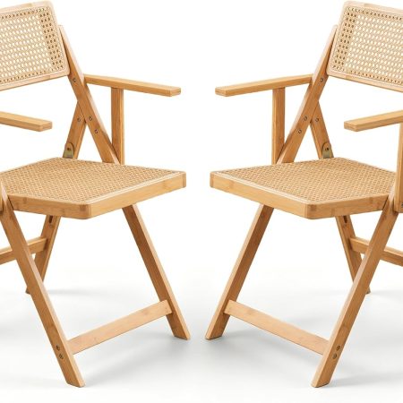 Bamboo Folding Dining Chairs with Armrest, Set of 2, Natural