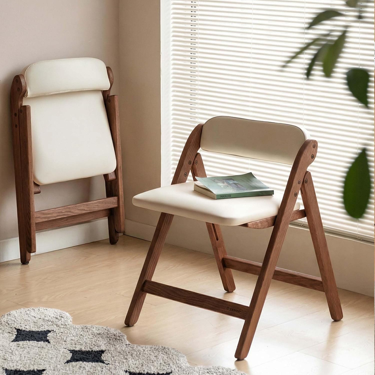 Oak Folding Dining Chairs with Cushion, Wood & Leather Dining Chair