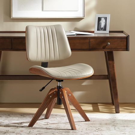 Home Faux Leather Home Office Desk Chair No Wheels, Ivory