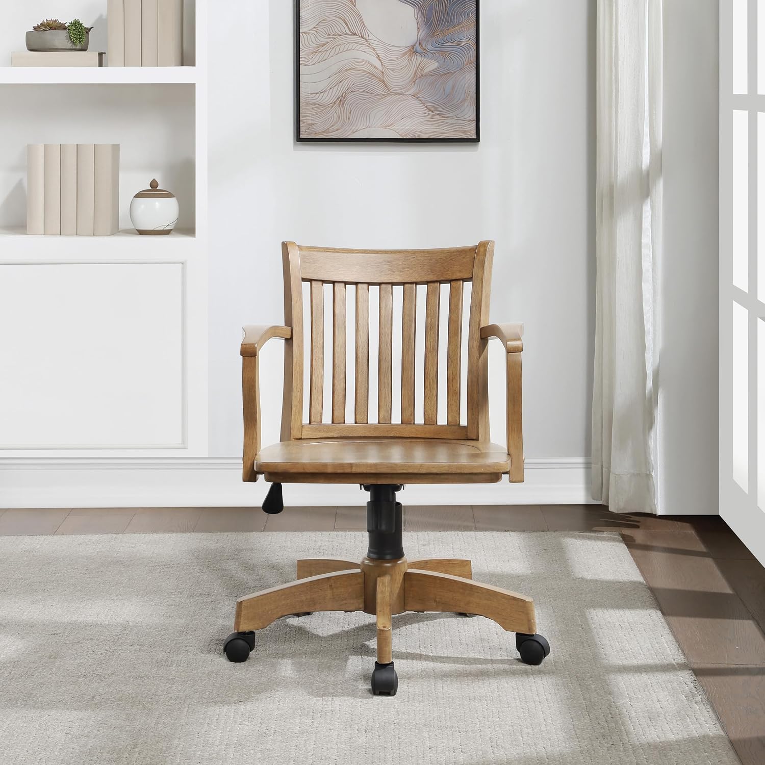Home Furnishings Deluxe Wood Banker's Home Office Desk Chair with Adjustable Height, Locking Tilt and Heavy Duty Base, Medium Oak Finish - Image 2