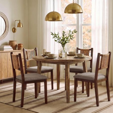 Wooden Dining Chairs Set of 4, Farmhouse Upholstered Kitchen Chairs with Solid Wood Legs, Hand-Woven Backrest Dining Room Chairs for Living Room Restaurant Cafe, Light Brown