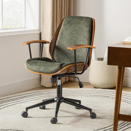 Solid Wood Office Chair with Tilt Function & Metal Base, Green