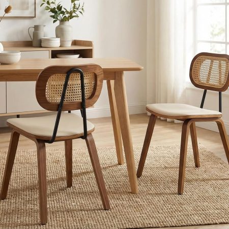 Mid-Century Dining Chairs Set of 2, PU Leather Kitchen Chairs with Rattan Backrest Wooden Legs Armless Design for Dining Room Living Room, Beige