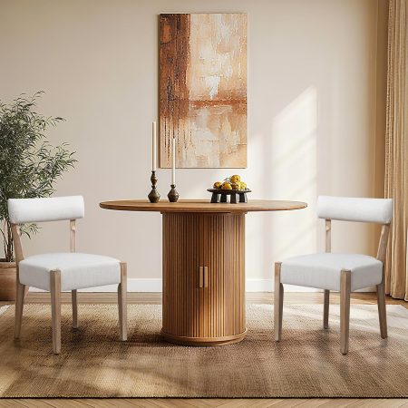 Dining Chairs,2 Pack Mid-Century Modern Wooden Kitchen Chairs with Linen Upholstery - Low-Back Woven Design for Kitchen & Dining Room,Beige Fabric