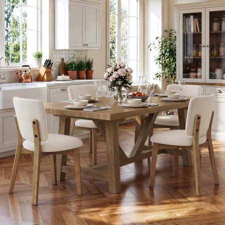 Linen Farmhouse Dining Chairs Set of 4, Natural Wood Leg