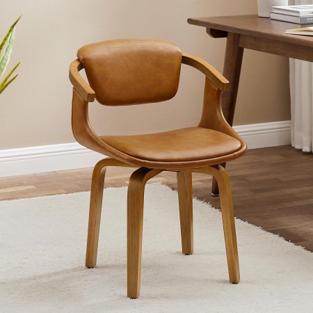 Swivel Desk Chair No Wheels, Mid Century Modern Office Chair, Faux Leather Dining Chair with Wood Legs, Accent Arm Chair for Living Room Bedroom Home Office, 1Pcs, Matt Brown