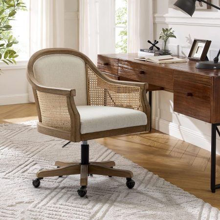 Rattan Desk Chair, Vintage Upholstered Home Office Chair, Ivory