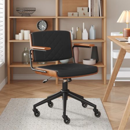 Ergonomic Office Chair with Rubber Wheels & Walnut Arms - PU Leather Mid-Back Desk Chair, Adjustable Height, Bentwood Backrest | Swivel Rocking Design for Home Office, Meeting Room, Study