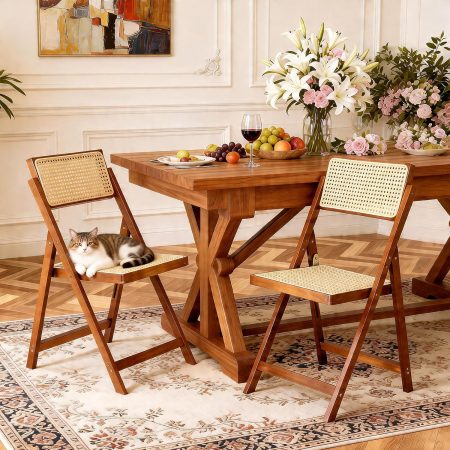 Rattan Dining Chairs Walnut Natural Resin Rattan Chair Foldable 2 Pack
