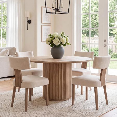 Mid Century Modern Dining Chairs Set of 4, Upholstered Linen Kitchen & Dining Room Chairs with Ergonomic Curved Backrest, Solid Wood Legs, Farmhouse Accent Chair for Home, Apartment, Beige