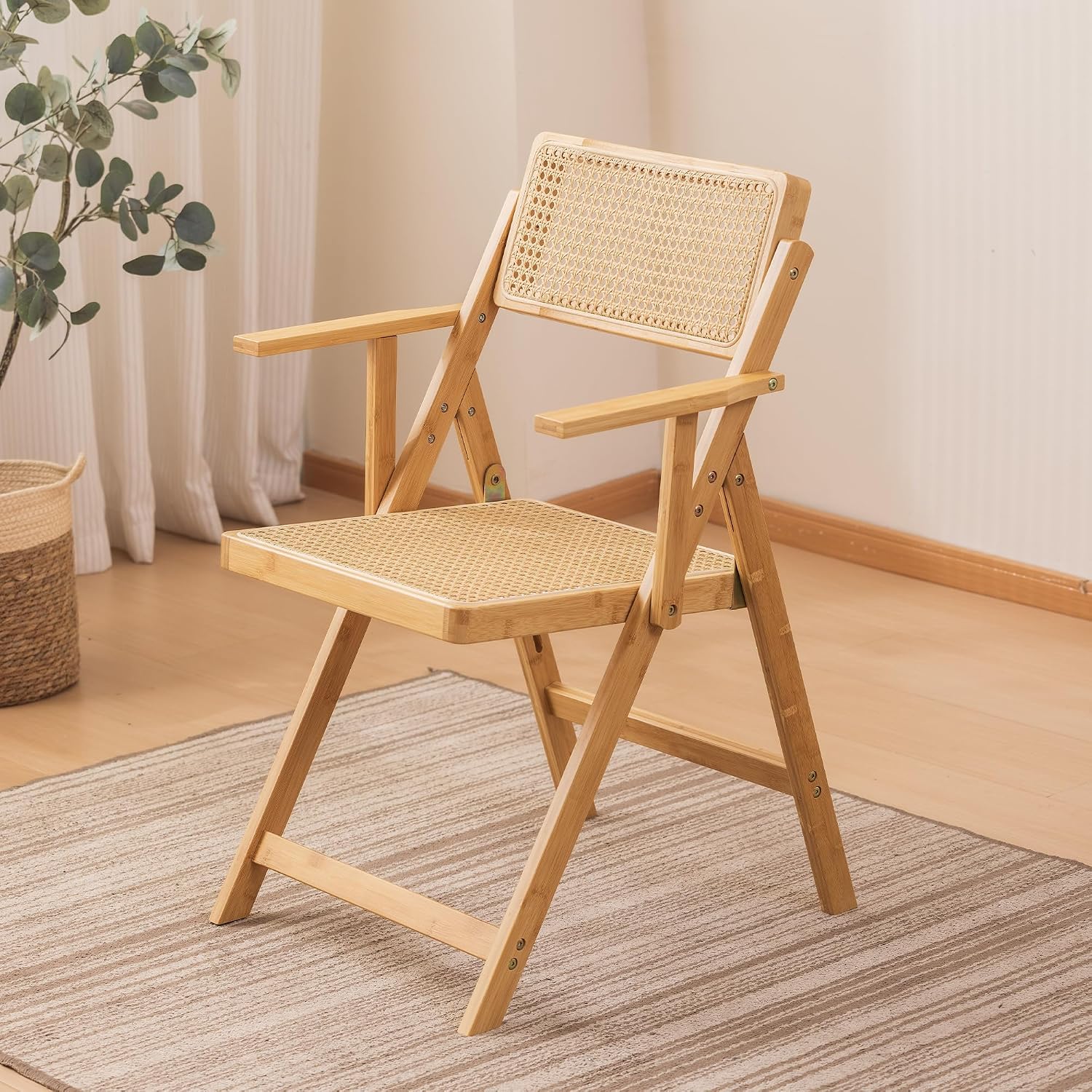 Bamboo Folding Dining Chairs with Armrest, Set of 2, Natural - Image 2