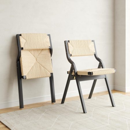 Folding Wooden Dining Chair Set of 2,Foldable Accent Side Chair with Woven Rope Seat & Backrest,Armless Kitchen Chair for Dining Room,Apartment,No Assembly Required,Black & Natural