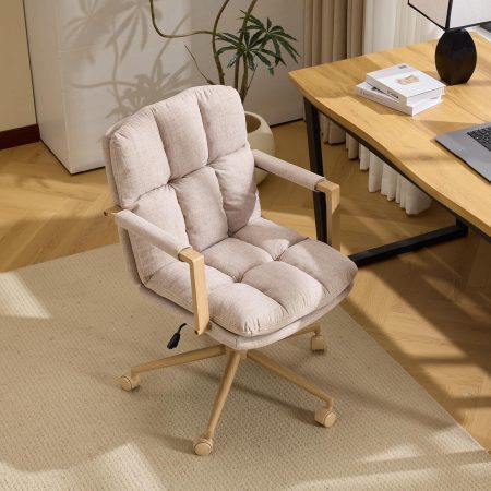 Comfy Linen Office Desk Chair with Wheels & Detachable Cushions & Wood-Like Armrests,Swivel Small Computer Task Chair,Adjustable for Girl Makeup Vanity,Teen/Kids Study,Nail Tech,Sewing,Khaki