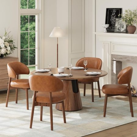 Wooden Dining Chairs Set of 4, Modern Upholstered Dining Room Kitchen Side Chairs with Curved Open Back for Living Room/Restaurant/Cafe, Brown